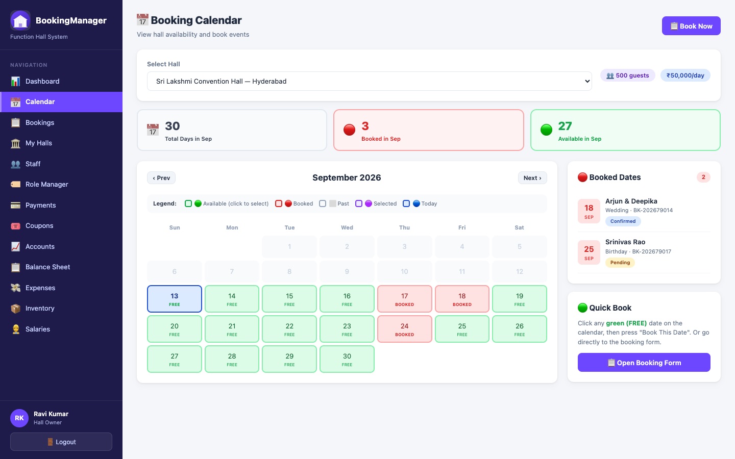 Booking Calendar for a hall showing a monthly grid with free and booked dates color-coded, a booked-dates list with customer name and event type, and a Quick Book panel