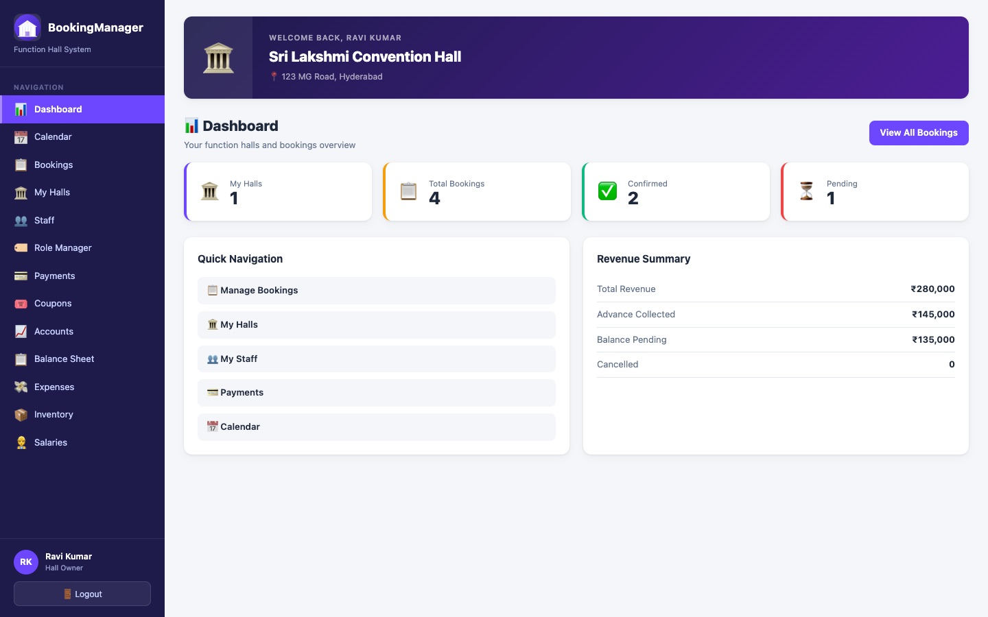 BookingManager owner dashboard showing hall count, total bookings, confirmed and pending status tiles, quick navigation, and a revenue summary with total revenue, advance collected, and balance pending