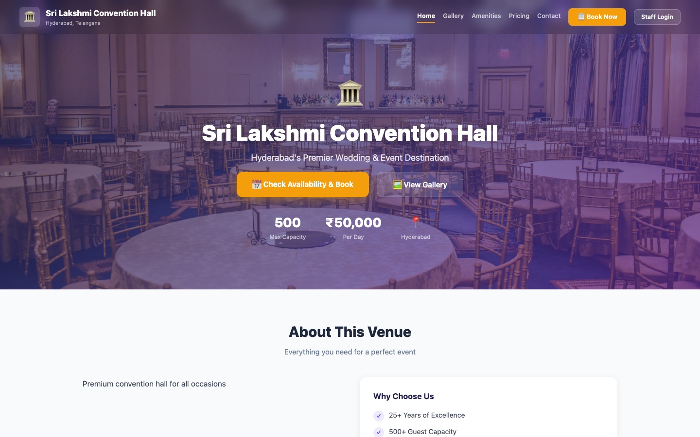 A hall's own branded public website with hero image, tagline, capacity and pricing, a Check Availability & Book button, and an About This Venue section