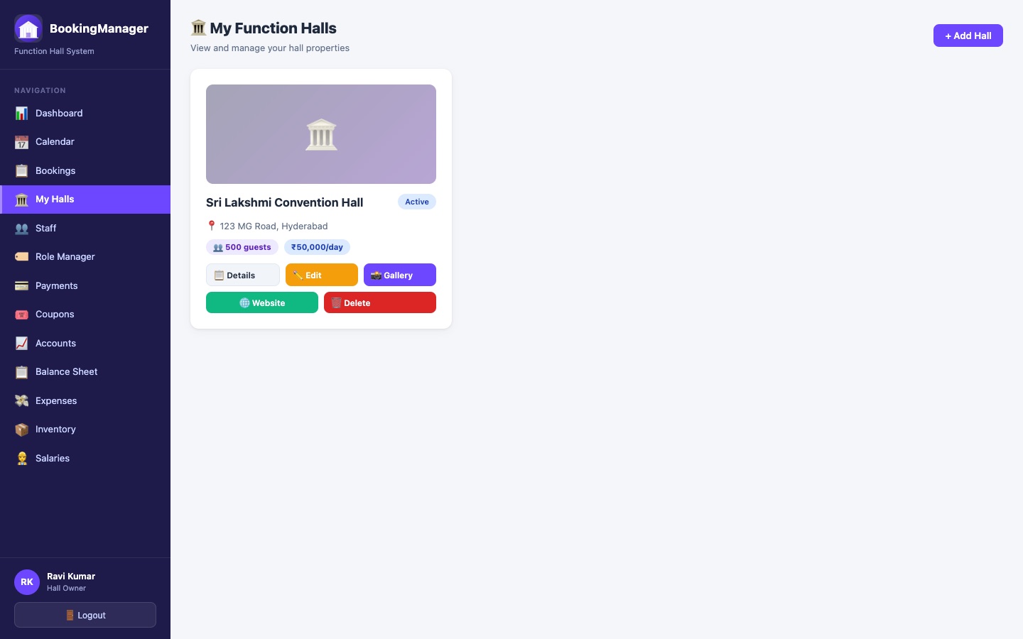 My Function Halls grid with photo thumbnails, capacity, and pricing
