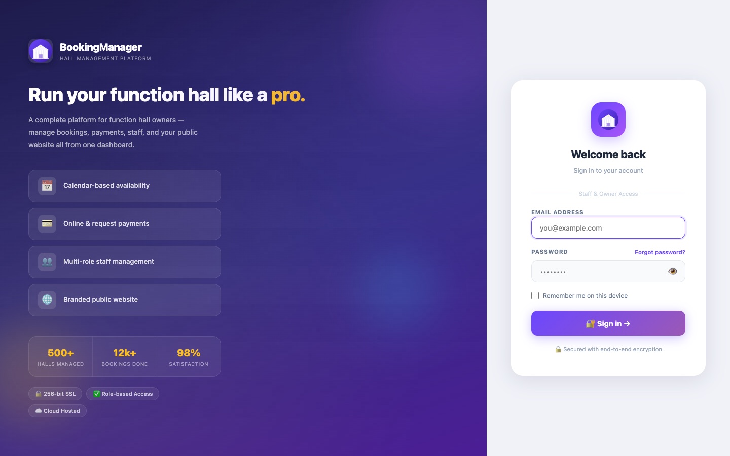 Branded login page with sign-in form and platform highlights