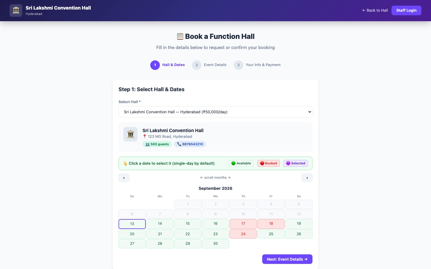 Public booking page titled Book a Function Hall, with an event type dropdown, date pickers, and a form for the guest's information — reachable with no login required