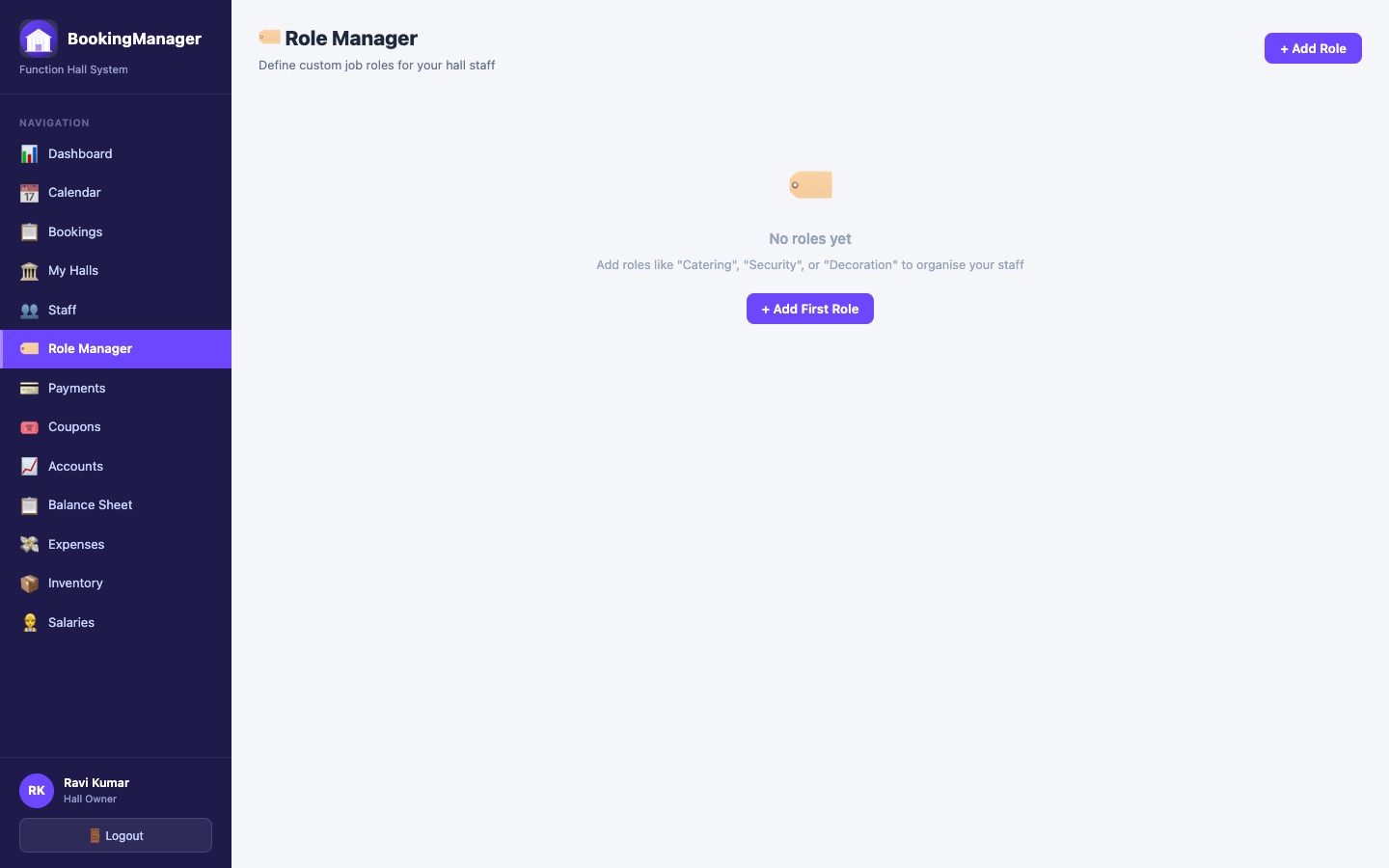Role Manager page showing custom staff roles like Supervisor, Accountant, and Security, each with its own colour badge and description